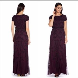 Adrianna Papell Long Fully Beaded Blouson Dress Night Plum